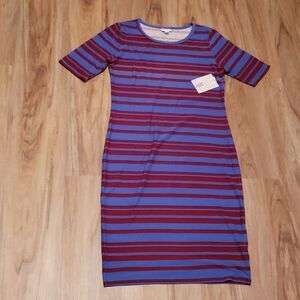 🔹️NWT LuLaRoe Blue & Red "Julia" Fitted Striped Short Sleeve Dress Medium